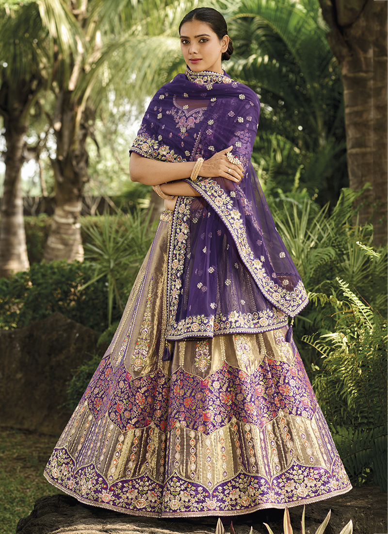 Designer purple store top with banarasi brocade fancy lehenga choli for wedding party wear